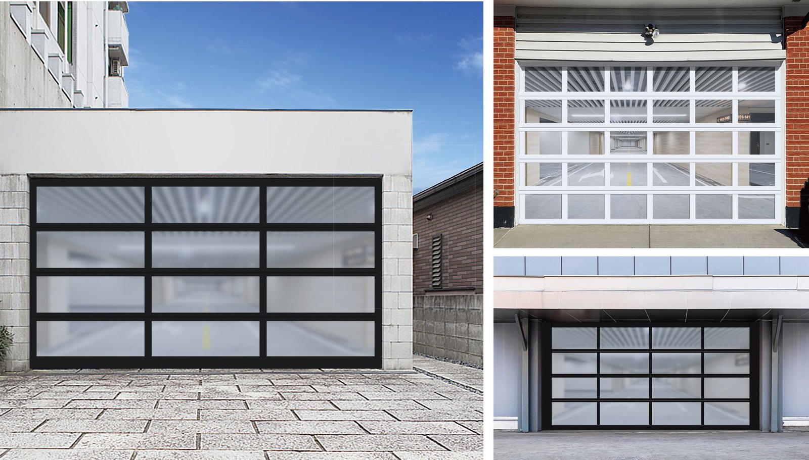 Three installations of framed glass garage doors in black and white finishes