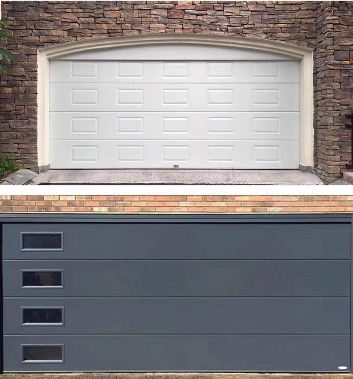 Raised-panel white garage door in a stone arch above a charcoal flat-panel door with vision lites