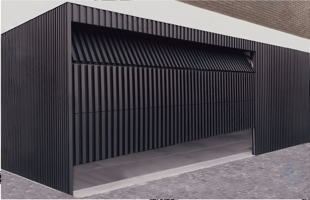 Black vertical-batten grille garage door blended into a matching slatted facade