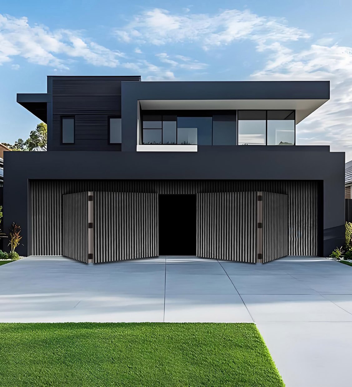 Modern black home with folding grille garage doors open across a wide driveway