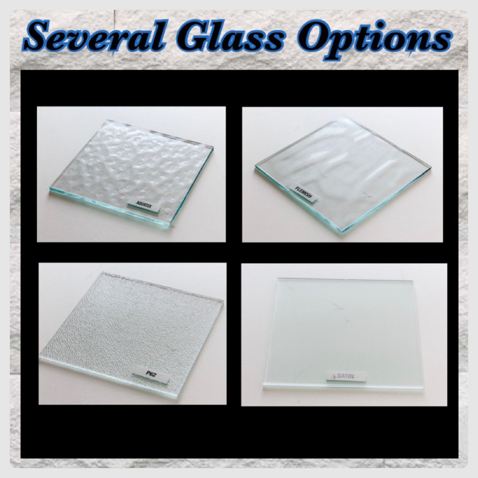 ASKCL iron door glass options: Clear, Flemish, Aquatex, Rain, P62, Satin and Frosted