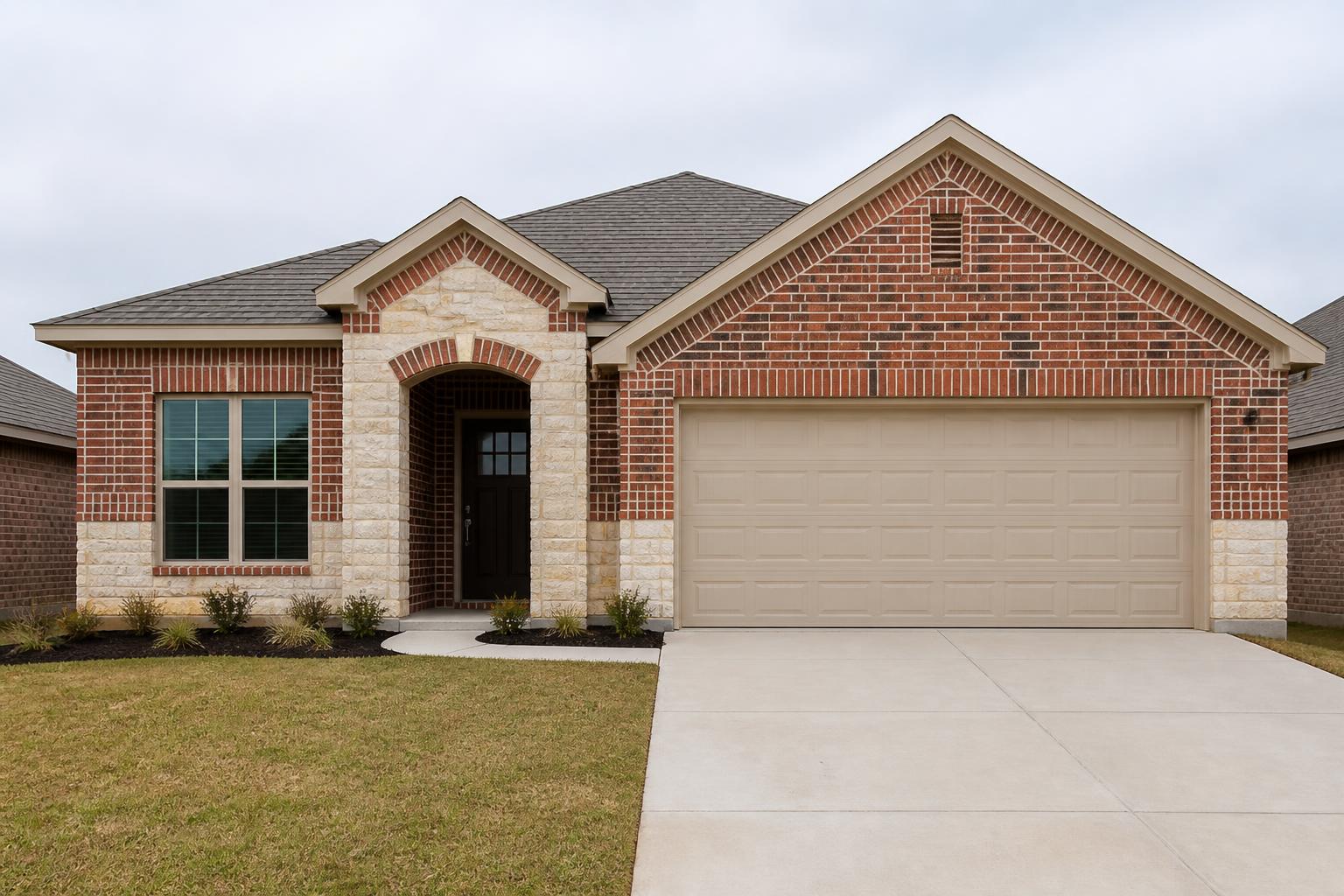 Staged Texas home used to preview iron entry and garage doors